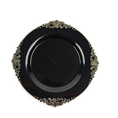 10 BLACK GOLD 8″ Round Plastic Salad Dinner PLATES Embossed Baroque Rim Party