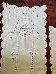 2 VTG Italian Hand Embroidery Floral Stem Chalice Goblet Figure Runners 51″ x18″