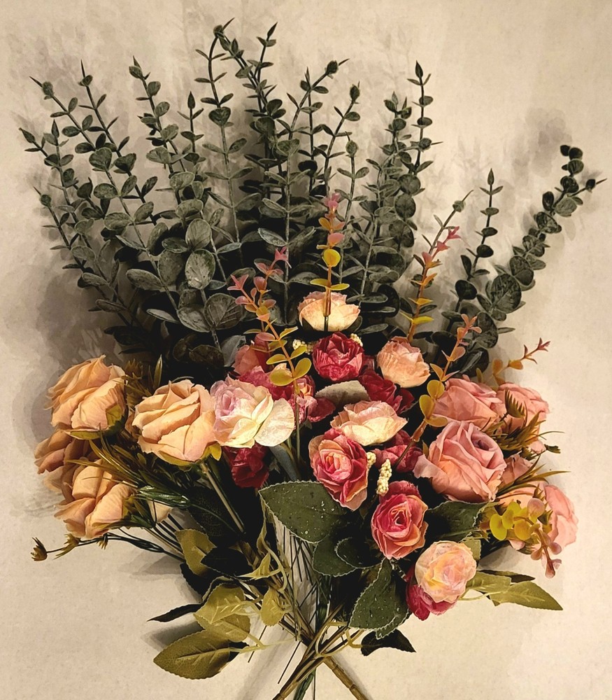 NEW 24 Eucalyptus 4 Bunch Artificial Flowers Bouquet Wedding Dusty Rose/Beige