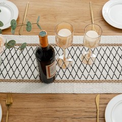 Table Runner Linear End, Boho Style with Tassels, Cotton & Linen, Farmhouse H…