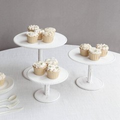 3 WHITEWASH Wooden Pedestal CAKE STANDS Round Beaded Rim Trays Party Decorations