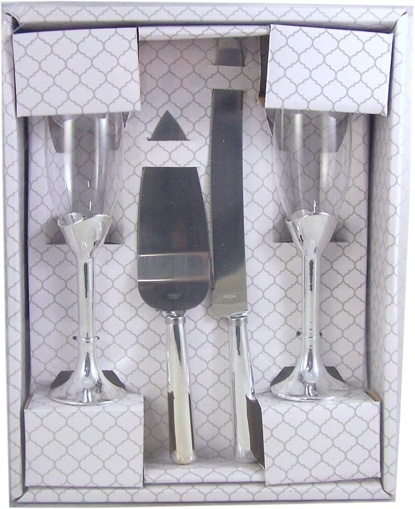 Silver Tone Champagne Flutes and Cake Server Set Engagement gift for Couples