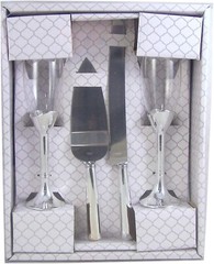 Silver Tone Champagne Flutes and Cake Server Set Engagement gift for Couples