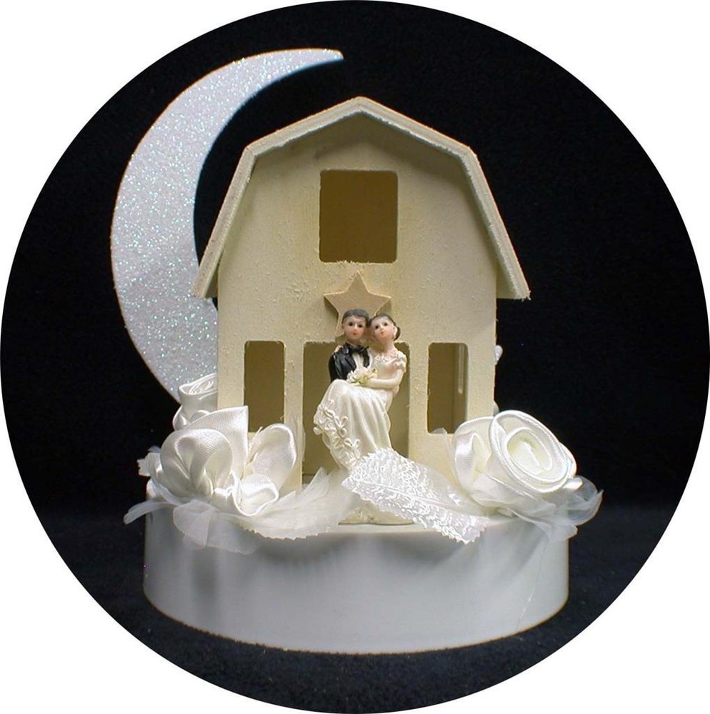 Shabby wood Barn Country Western Wedding cake topper funny Chic style Moonlight