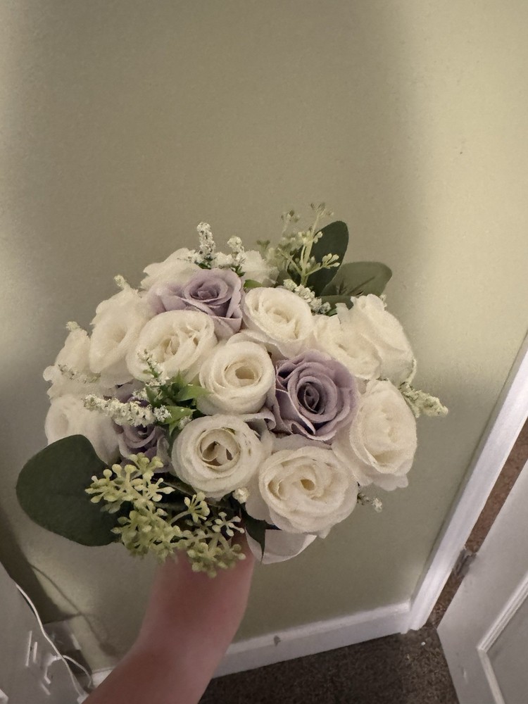 Artificial White & Lavender Rose Wedding Bouquet w/ Eucalyptus, Ribbon Handle
