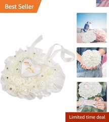White Wedding Ring Holder Pillow Heart Shape Lace Rose Flower Rhinestone Crys…