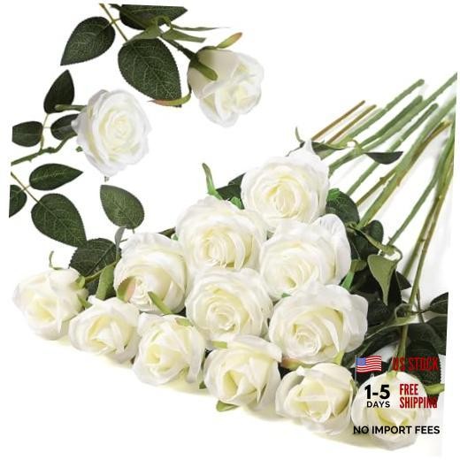12PCS Artificial Silk Flowers Realistic Roses Bouquet 6 Flowers 6 Buds White