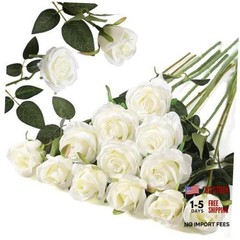 12PCS Artificial Silk Flowers Realistic Roses Bouquet 6 Flowers 6 Buds White