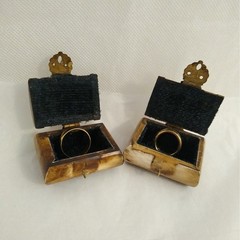 Vintage Wedding Ring Box Pair Carved Bovine Ox Bone Brass Trinket Chest Set 2pc