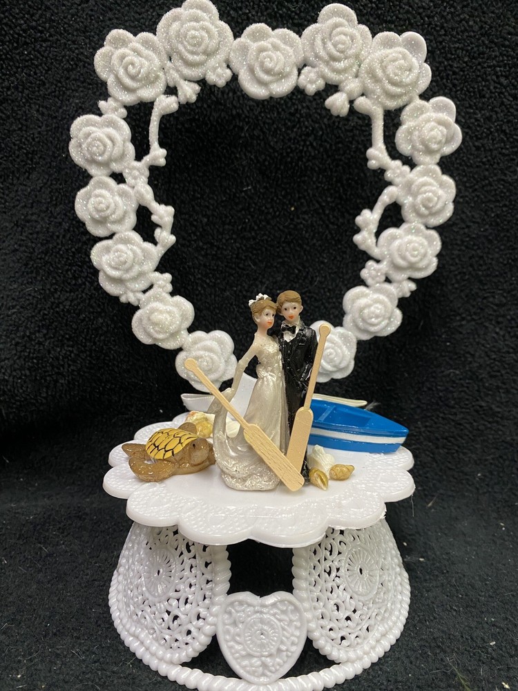 Wedding Cake Topper Blue Row boat Fishing Honeymoon Lake Groom top Shower Sports