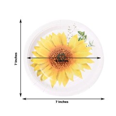 25 White 7″ Round Paper Plates with Sunflower Design – Disposable Tableware