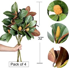 Set of 4 Magnolia Branches 32 Inch Long Artificial Magnolia with Leaves Green…