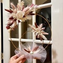 Wedding Table/Floral Reception Centerpiece, Gold Round Circle Dried Flowers
