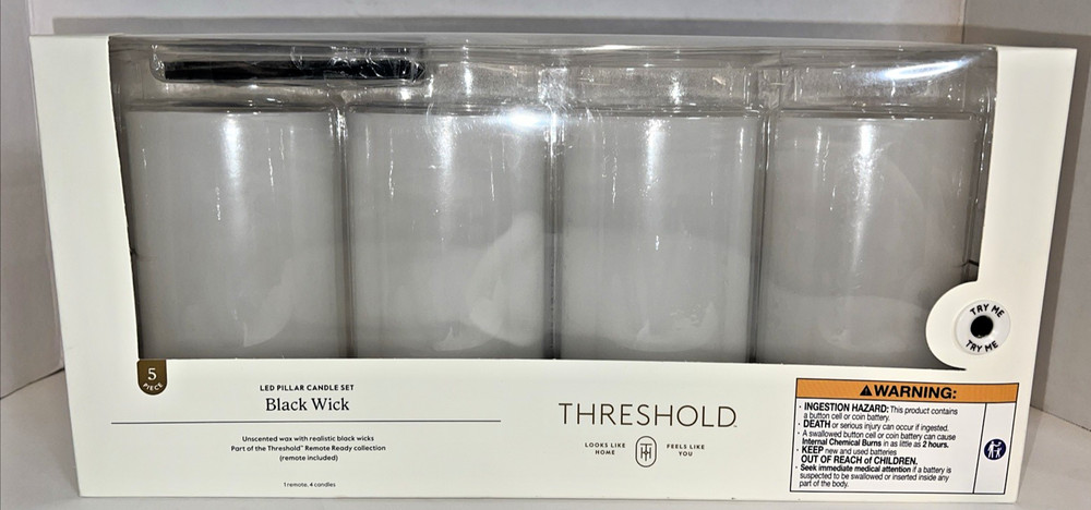 4 Pk 5″ x 3″ LED Flameless Black Wick Candle White With Remote -Threshold