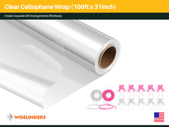 Clear Cellophane Wrap for Hampers 100′ x 31″ with 10 Pull Bows and 2 Ribbon