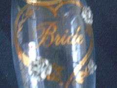 C-1292 2 Bride & Groom Champagne Flutes with Hearts Gold Trim & Pewter Flowers