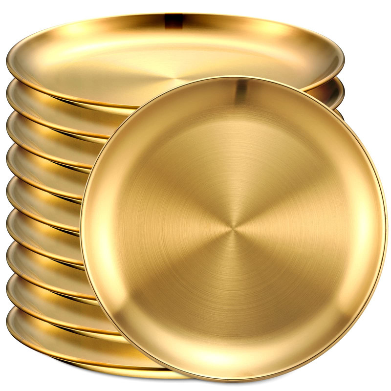 Honeydak 10 Pcs Stainless Steel Gold Plates 8 Inch 304 Metal Dinner Plates