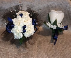 NEW 5″ Artificial Ivory Rose Wrist Corsage & Matching Bout, Pearls, Black Bow