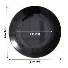 BLACK 10 Glossy 8″ Round Plastic Salad PLATES Gold Rim Party Events Decorations