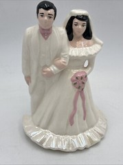 Vtg 1950’s Wedding Cake Topper 7” Bride & Groom Ceramic Iridescent Dress Pink