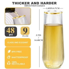 Lueumxc 48 Pack Plastic Champagne Flutes, 9 Oz Ribbed 48pack Gold Rim Ribbed