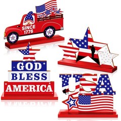 4 Pieces Patriotic Table Decor, Memorial Day Wooden Table Sign Decorations of Go
