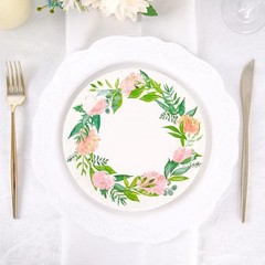 25 White 7″ Round Paper Plates with Flower Wreath Design Disposable Tableware