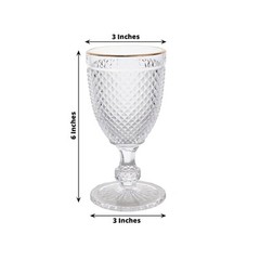 6 pack 8 oz CLEAR Glass Wine Goblets with GOLD Rim and Embossed Diamond Pattern