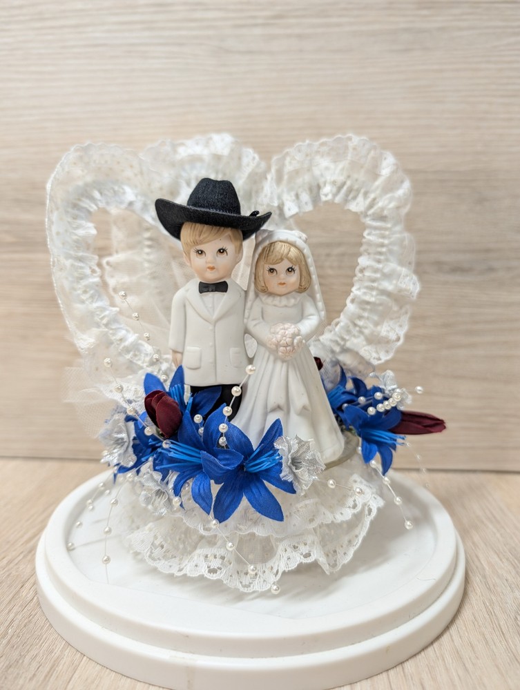 NEW Vintage Lefton Western Wedding Cake Topper Cowboy Bride Floral Lace Heart