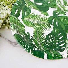 25 WHITE 9″ Round Paper Plates with TROPICAL Leaves Design Disposable Tableware