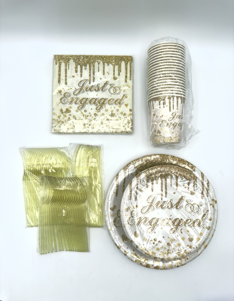 140 Just Engaged Decoration Party Kit Gold & White Tableware Disposable Wedding