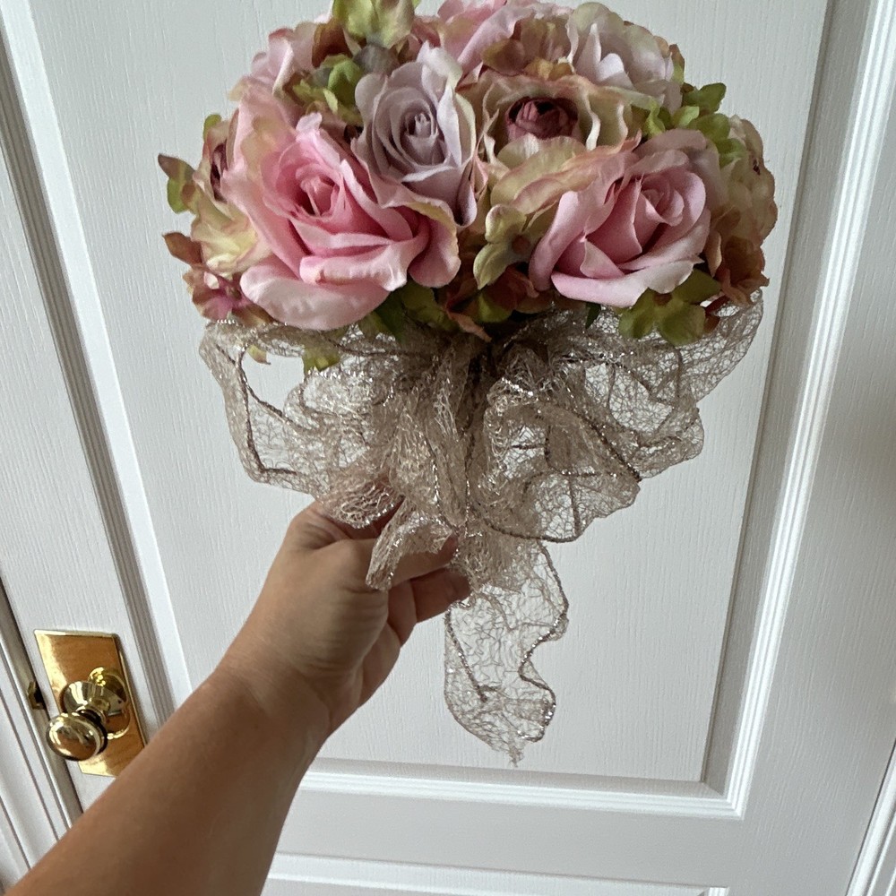 Artificial Pink & Green Rose Wedding Flower Bouquet w/ Ribbon & Lace Bow
