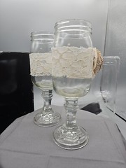 Country Rustic Wedding His & Hers Wine Toasting Goblets, Mason Jar Lace