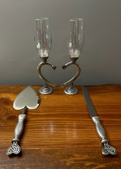Fellowship Foundry Celtic Knots Hearts Pewter Glasses & Cake Server Wedding Set