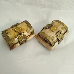 Vintage Wedding Ring Box Pair Carved Bovine Ox Bone Brass Trinket Chest Set 2pc
