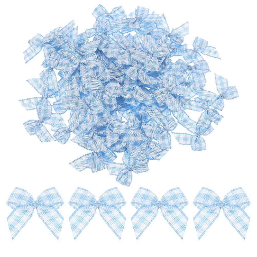 80Pcs Mini Gingham Ribbon Bow 1″ Checkered Satin Ribbon Bows Blue and White