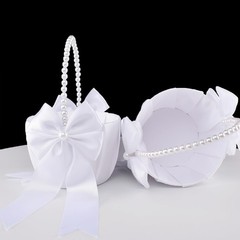 2 PCS White Wedding Flower Girl Basket Pearl Handle Cute Flower Basket