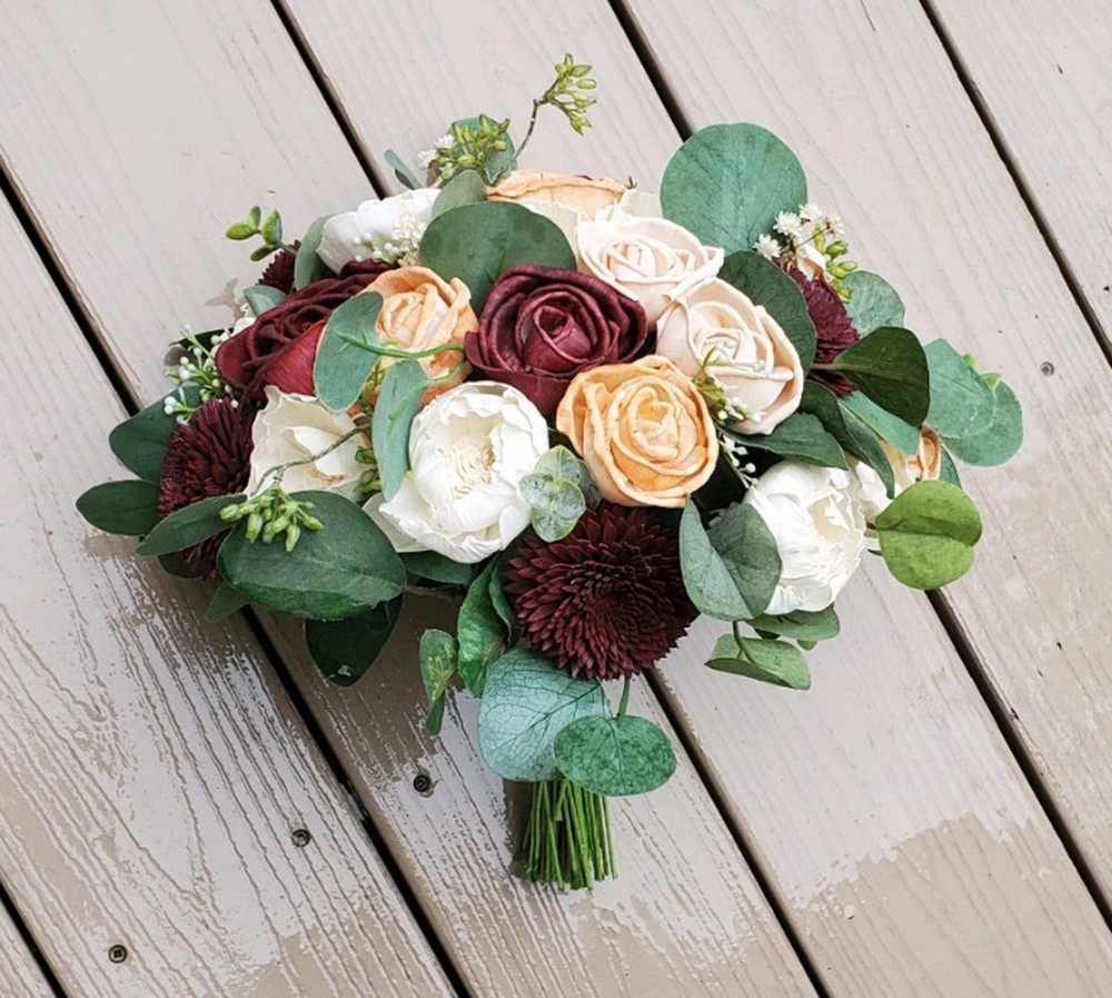 Burgundy Peach Bridal Bouquet Sola Wood Artificial Wedding Flowers Eucalyptus