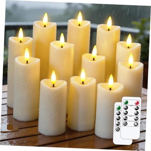 12 Pcs Battery Operated Waterproof Ivory Plastic Flameless Pillar Candles with