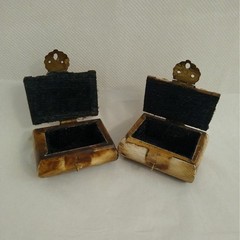 Vintage Wedding Ring Box Pair Carved Bovine Ox Bone Brass Trinket Chest Set 2pc