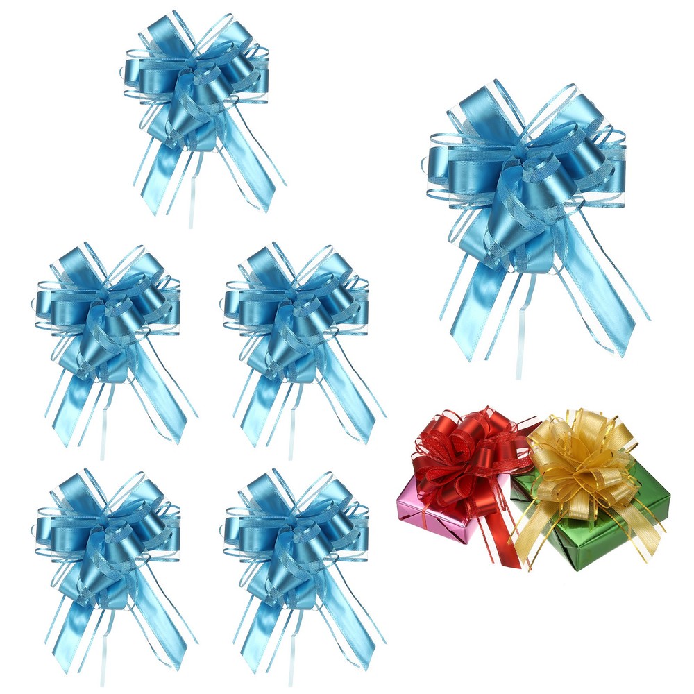 6 Pcs Large Pull Bow Gift Wrapping, 9 Inch Ribbon Organza Lake Blue Bows