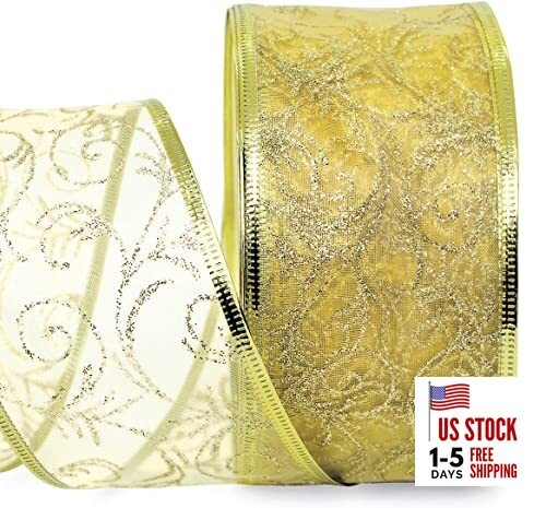 Gold Wired Ribbon Sheer Glitter Organza 2.5 in Ribbon Gold ( 2.5 in x 50 yd )