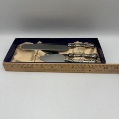 Vintage Ornate Silver Plated 3pc Cake Pie Serving Set Stainless Steel Blades Box