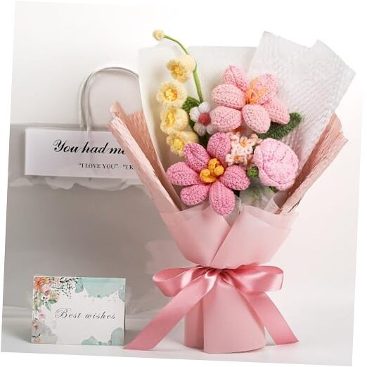 Crochet Flower Bouquet – Hand-Knitted Tulip Faux Flowers with Gift Bag & Pink