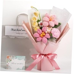 Crochet Flower Bouquet – Hand-Knitted Tulip Faux Flowers with Gift Bag & Pink