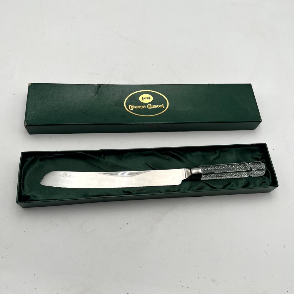 Tyrone Crystal Cake Knife Serrated Stainless Steel Textured Glass Handle w/ Box