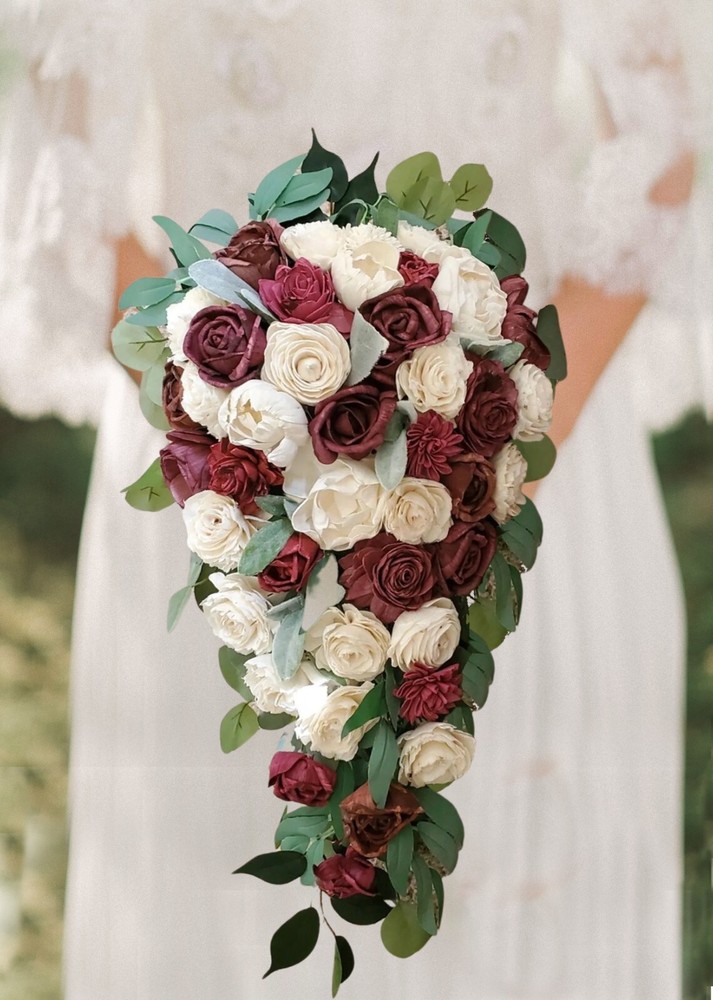 Burgundy Ivory White Bridal Bouquet Sola Wood Cascade Artificial Wedding Flowers