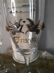 Rawcliffe Bride & Groom Chanpagne Flutes Pewter Doves Flowers Ribbons Gold Gild