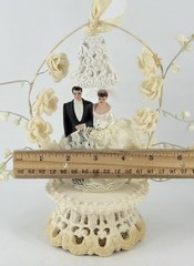 Vintage Art Deco Bride Groom Wedding Topper Bell Clapper Lace Ceramic Stand Silk