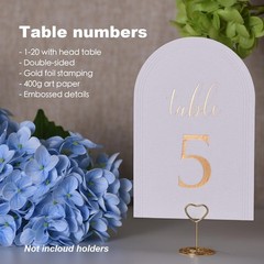 Wedding Arch Table Numbers 1-20 + Head Table, 4X6 Inch White Art Paper, Gold Foi